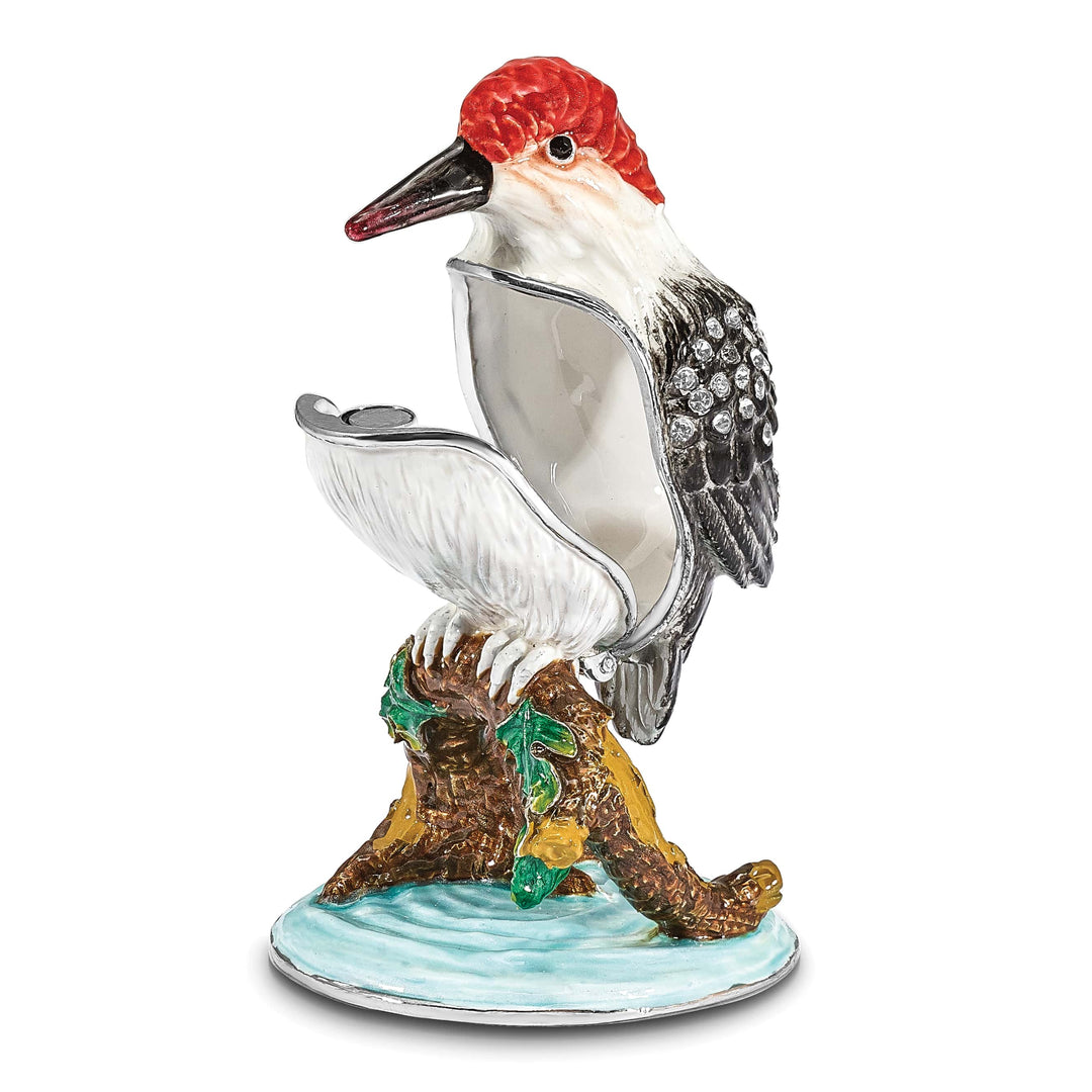 Luxury Giftware by Jere Pewter Bejeweled Crystals Silver-tone Enameled WOODROW Woodpecker Trinket Box with Matching 18 Inch Necklace