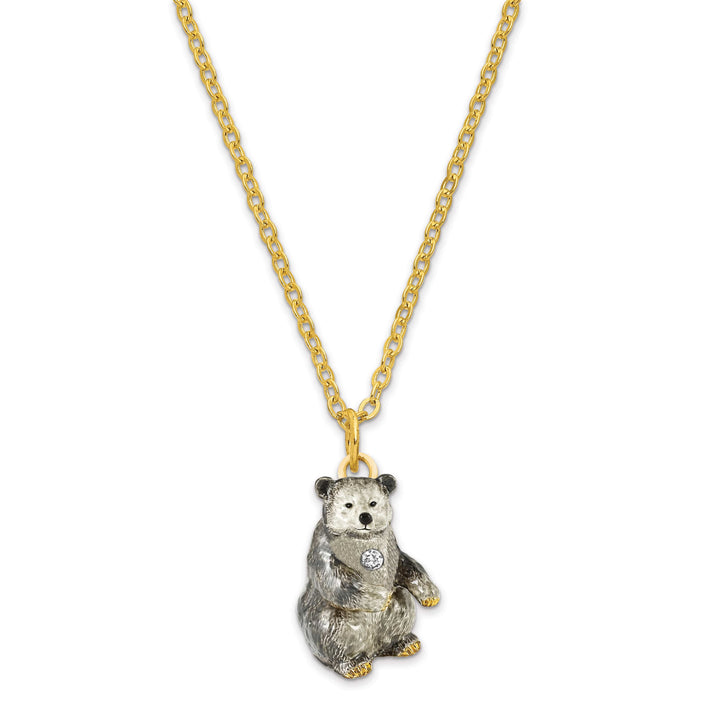 Luxury Giftware Pewter Bejeweled Crystals Gold-tone Enameled BETTY Black and Grey Bear Trinket Box with Matching 18 Inch Necklace