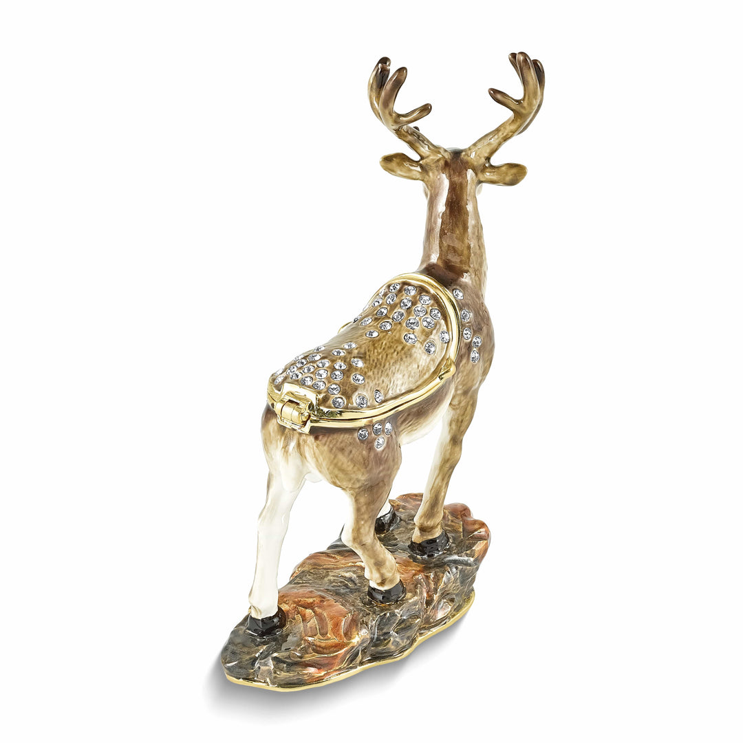 Luxury Giftware Pewter Bejeweled Crystals Gold-tone Enameled BUCK Deer Trinket Box with Matching 18 Inch Necklace
