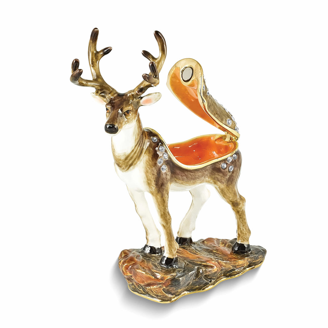 Luxury Giftware Pewter Bejeweled Crystals Gold-tone Enameled BUCK Deer Trinket Box with Matching 18 Inch Necklace