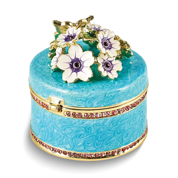 Luxury Giftware Pewter Bejeweled Crystals Gold-tone Enameled BUTTERFLY NECTAR Blue Flower Butterfly Ring Holder Trinket Box with Matching 18 Inch Necklace