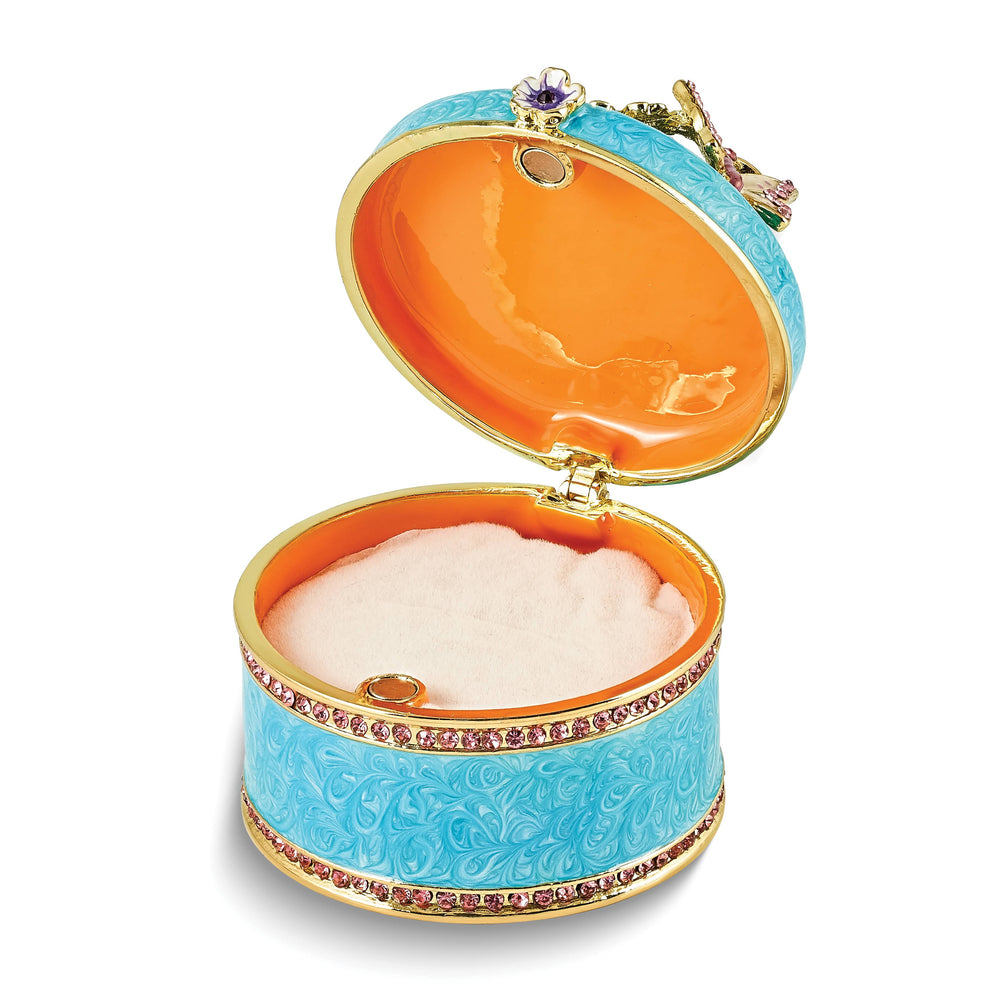 Luxury Giftware Pewter Bejeweled Crystals Gold-tone Enameled BUTTERFLY NECTAR Blue Flower Butterfly Ring Holder Trinket Box with Matching 18 Inch Necklace