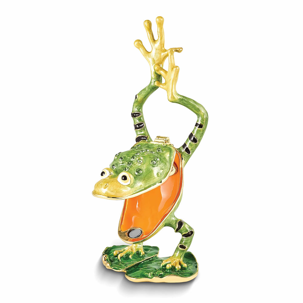 Luxury Giftware Pewter Bejeweled Crystals Gold-tone Enameled JENSEN Handstand Frog on Lily Pad Trinket Box with Matching 18 Inch Necklace