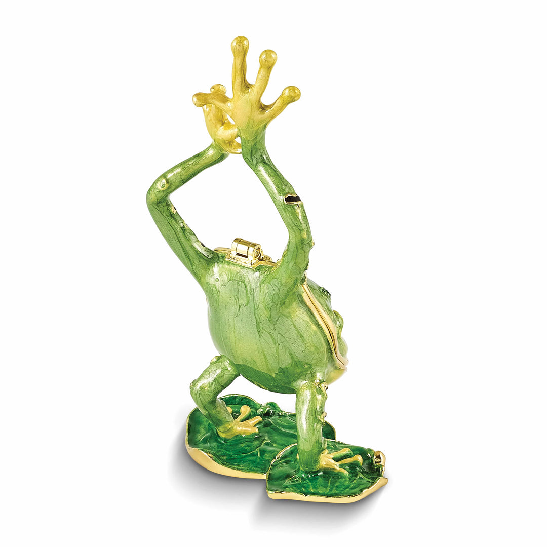 Luxury Giftware Pewter Bejeweled Crystals Gold-tone Enameled JENSEN Handstand Frog on Lily Pad Trinket Box with Matching 18 Inch Necklace