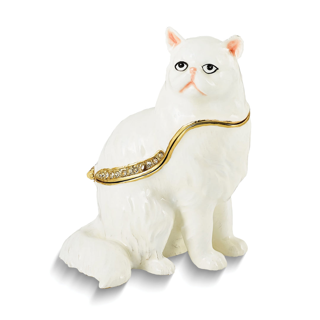 Luxury Giftware Pewter Bejeweled Crystals Gold-tone Enameled MISSY White Cat Trinket Box with Matching 18 Inch Necklace