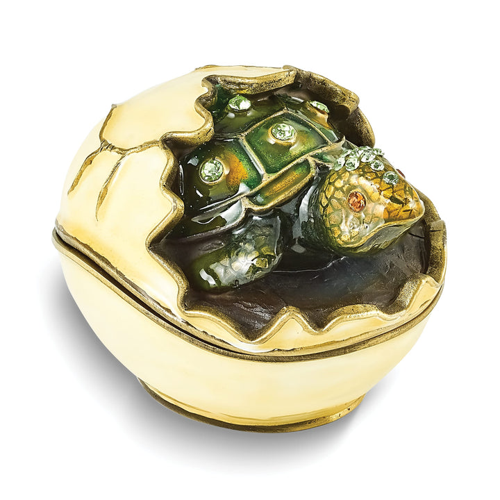 Luxury Giftware Pewter Bejeweled Crystals Gold-tone Enameled NORBERT Turtle Hatchling Trinket Box with Matching 18 Inch Necklace