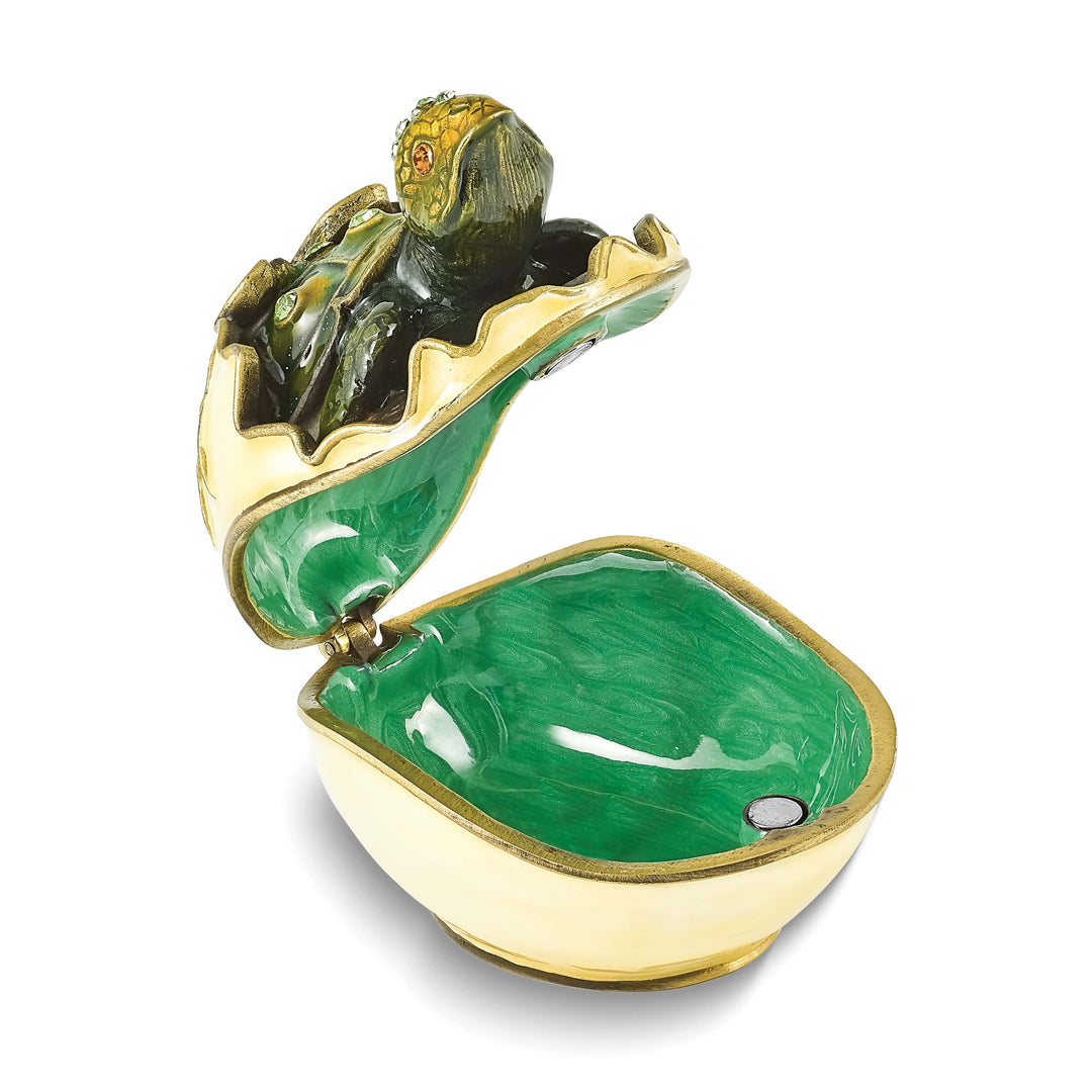 Luxury Giftware Pewter Bejeweled Crystals Gold-tone Enameled NORBERT Turtle Hatchling Trinket Box with Matching 18 Inch Necklace