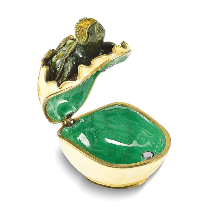 Luxury Giftware Pewter Bejeweled Crystals Gold-tone Enameled NORBERT Turtle Hatchling Trinket Box with Matching 18 Inch Necklace
