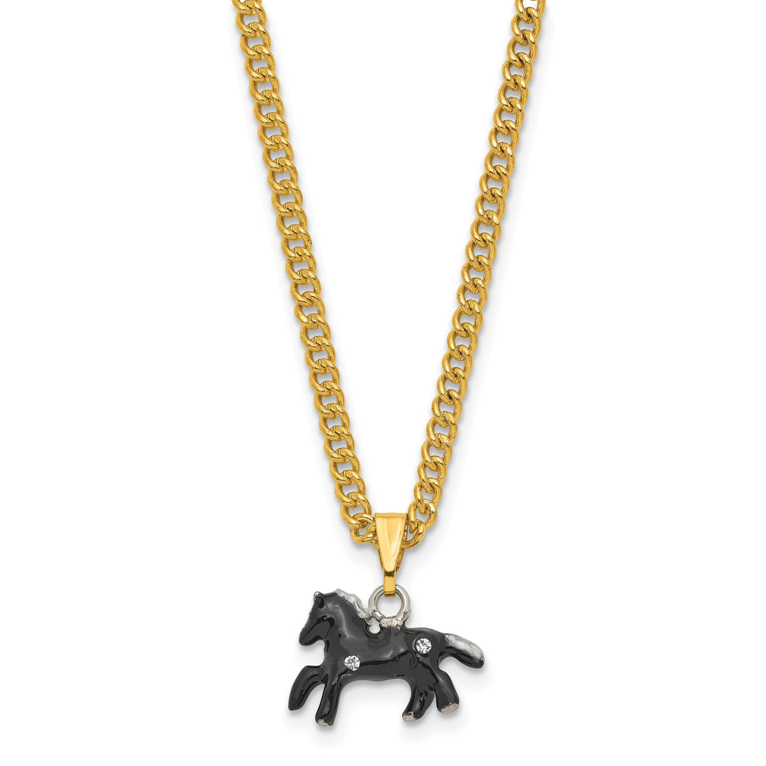 Luxury Giftware Pewter Bejeweled Crystals Gold-tone Enameled PEPPER Black Horse with White Mane Trinket Box with Matching 18 Inch Necklace