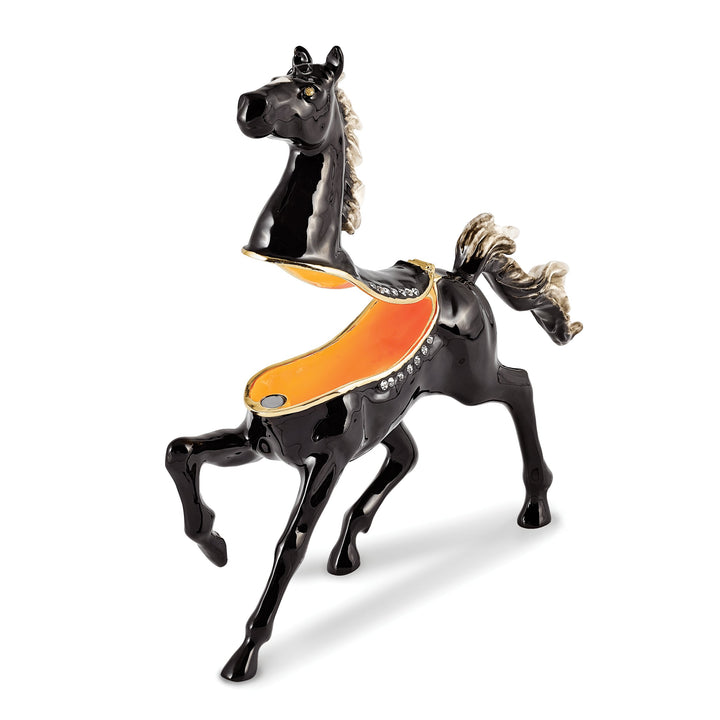 Luxury Giftware Pewter Bejeweled Crystals Gold-tone Enameled PEPPER Black Horse with White Mane Trinket Box with Matching 18 Inch Necklace