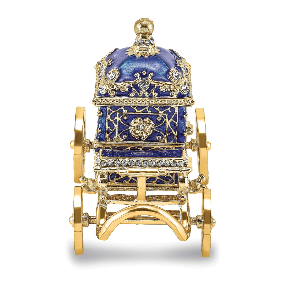 Luxury Giftware Pewter Bejeweled Crystals Gold-tone Enameled ROYAL BLUE Carriage w/Ring Pad Trinket Box with Matching 18 Inch Necklace