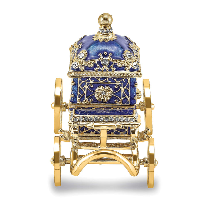 Luxury Giftware Pewter Bejeweled Crystals Gold-tone Enameled ROYAL BLUE Carriage w/Ring Pad Trinket Box with Matching 18 Inch Necklace