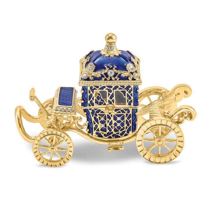 Luxury Giftware Pewter Bejeweled Crystals Gold-tone Enameled ROYAL BLUE Carriage w/Ring Pad Trinket Box with Matching 18 Inch Necklace