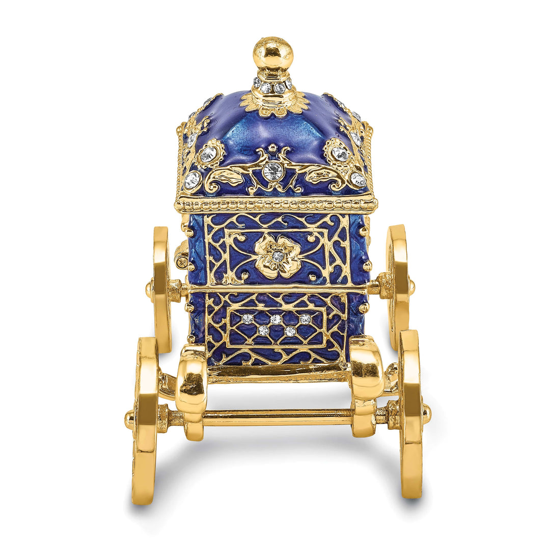 Luxury Giftware Pewter Bejeweled Crystals Gold-tone Enameled ROYAL BLUE Carriage w/Ring Pad Trinket Box with Matching 18 Inch Necklace
