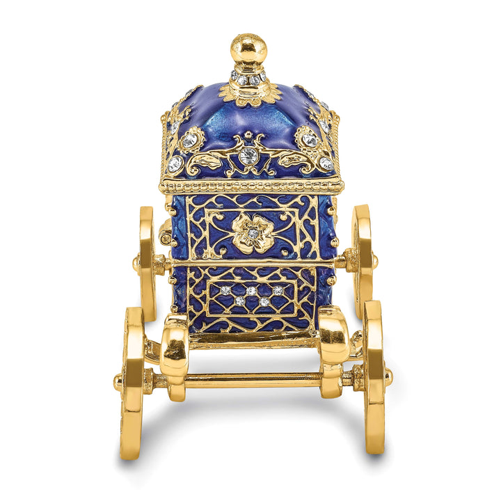 Luxury Giftware Pewter Bejeweled Crystals Gold-tone Enameled ROYAL BLUE Carriage w/Ring Pad Trinket Box with Matching 18 Inch Necklace
