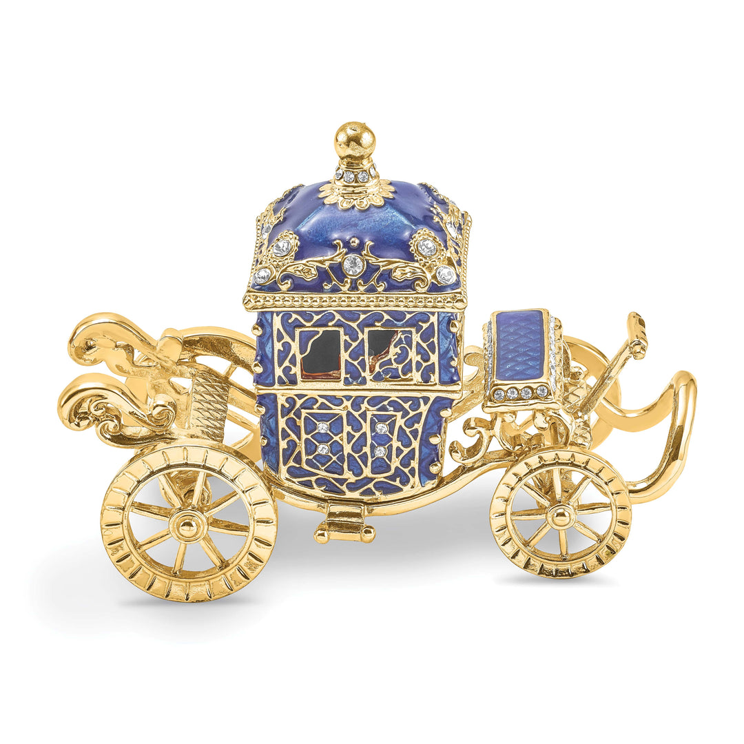 Luxury Giftware Pewter Bejeweled Crystals Gold-tone Enameled ROYAL BLUE Carriage w/Ring Pad Trinket Box with Matching 18 Inch Necklace
