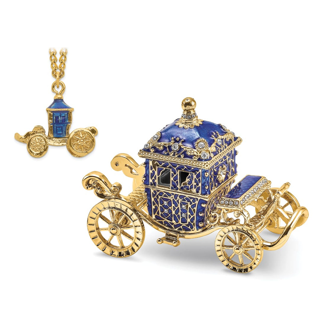 Luxury Giftware Pewter Bejeweled Crystals Gold-tone Enameled ROYAL BLUE Carriage w/Ring Pad Trinket Box with Matching 18 Inch Necklace
