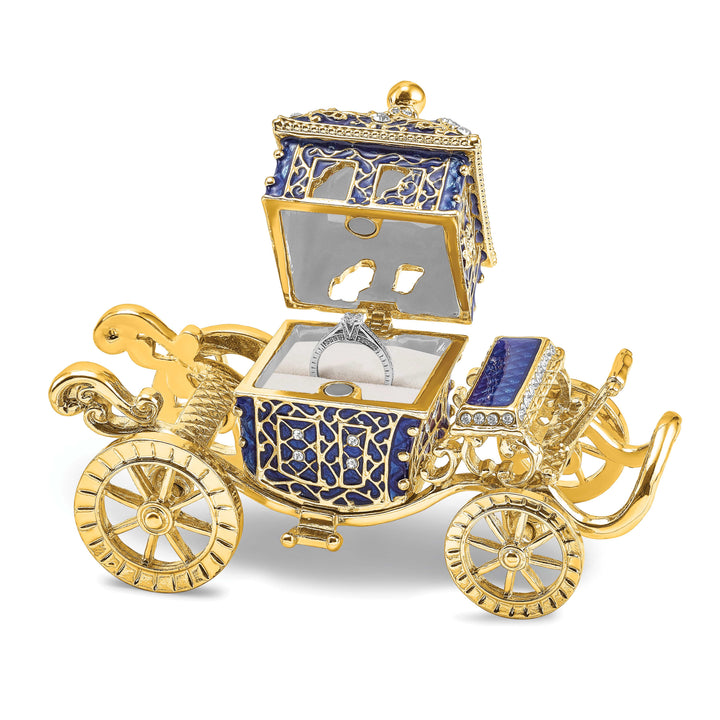 Luxury Giftware Pewter Bejeweled Crystals Gold-tone Enameled ROYAL BLUE Carriage w/Ring Pad Trinket Box with Matching 18 Inch Necklace