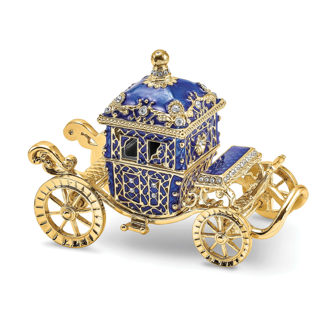 Luxury Giftware Pewter Bejeweled Crystals Gold-tone Enameled ROYAL BLUE Carriage w/Ring Pad Trinket Box with Matching 18 Inch Necklace