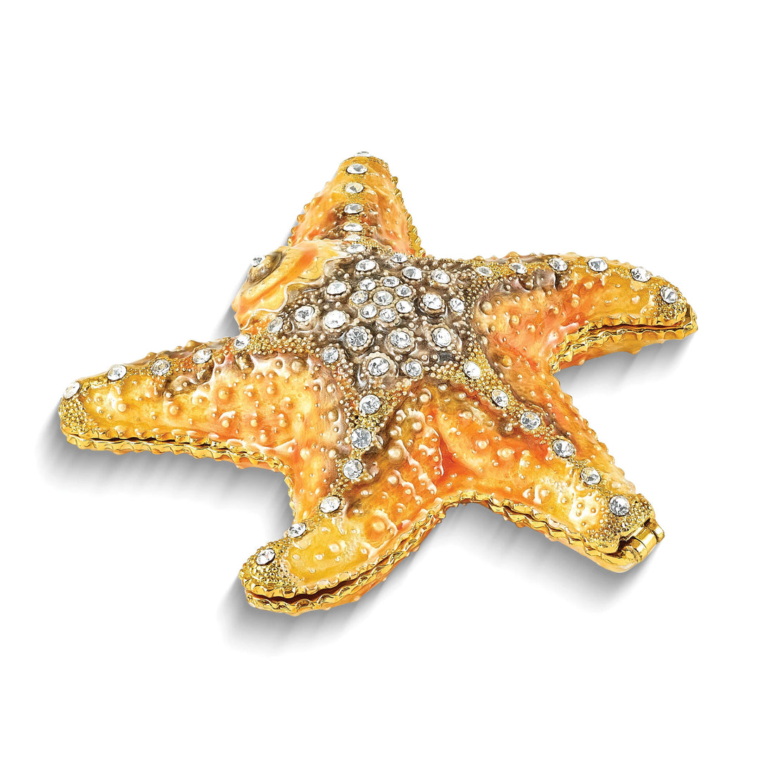 Luxury Giftware Pewter Bejeweled Crystals Gold-tone Enameled STANLEY Starfish Trinket Box with Matching 18 Inch Necklace