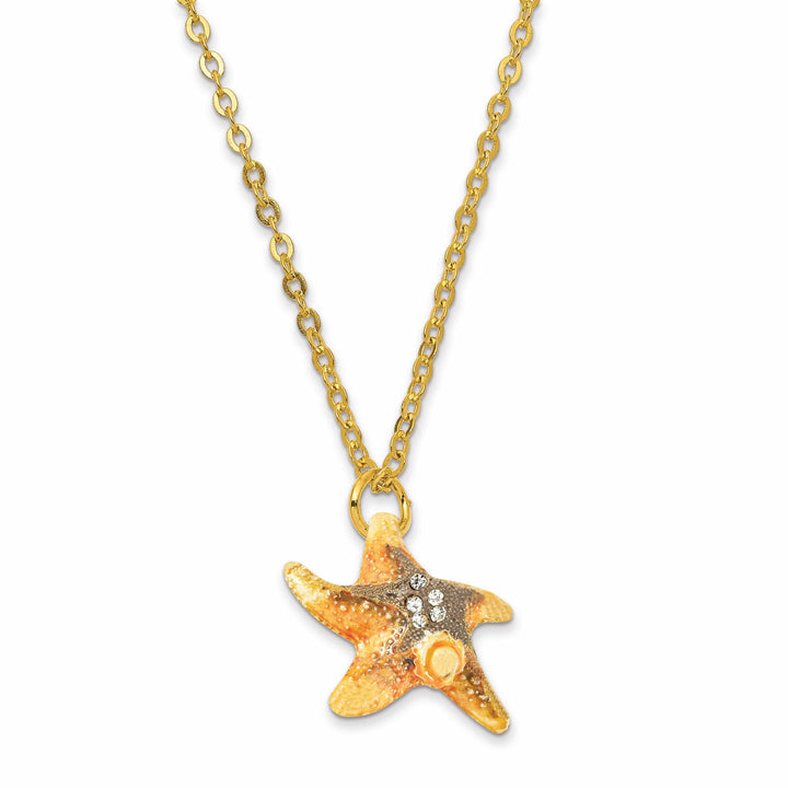 Luxury Giftware Pewter Bejeweled Crystals Gold-tone Enameled STANLEY Starfish Trinket Box with Matching 18 Inch Necklace