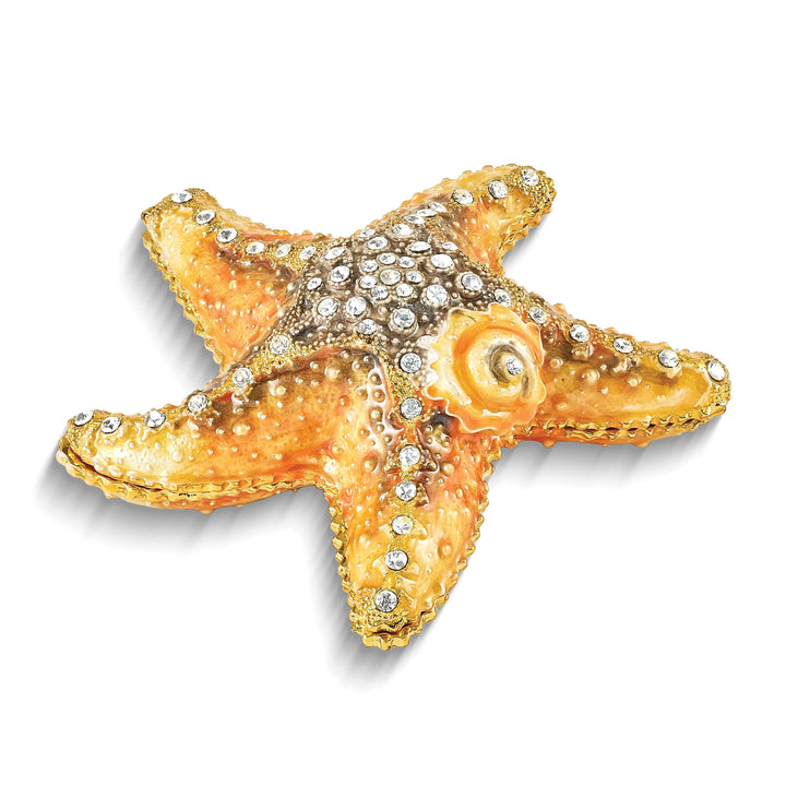 Luxury Giftware Pewter Bejeweled Crystals Gold-tone Enameled STANLEY Starfish Trinket Box with Matching 18 Inch Necklace