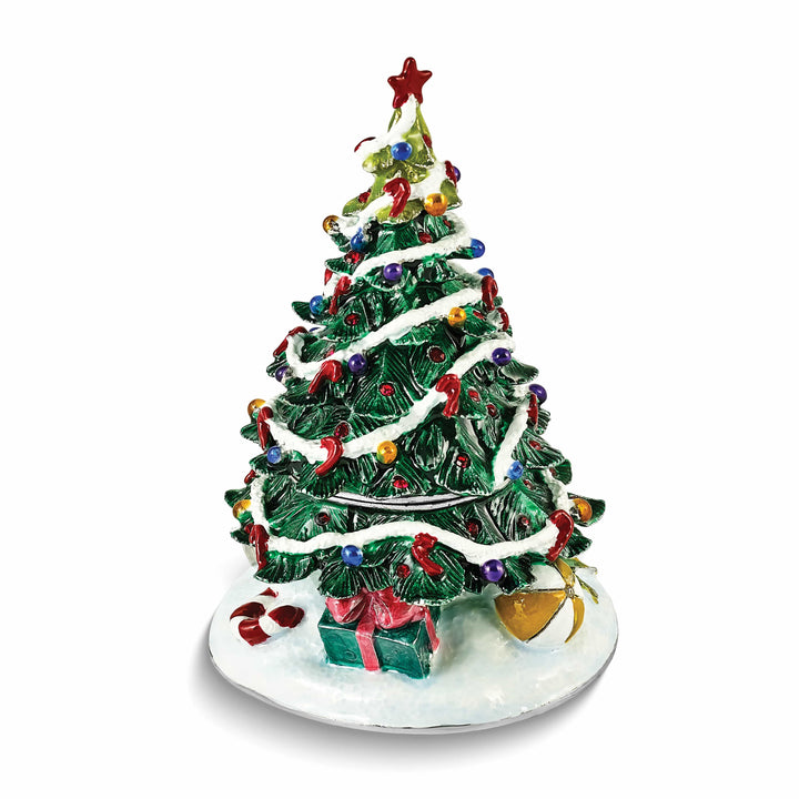 Luxury Giftware Pewter Bejeweled Crystals Silver-tone Enameled NOSTALGIA Christmas Tree Trinket Box with Matching 18 Inch Necklace