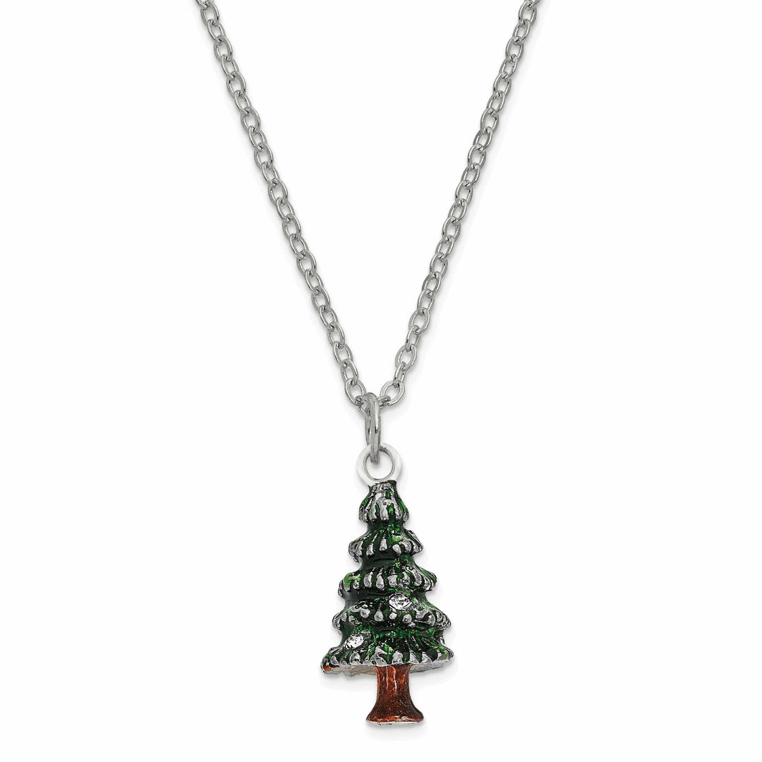 Luxury Giftware Pewter Bejeweled Crystals Silver-tone Enameled NOSTALGIA Christmas Tree Trinket Box with Matching 18 Inch Necklace