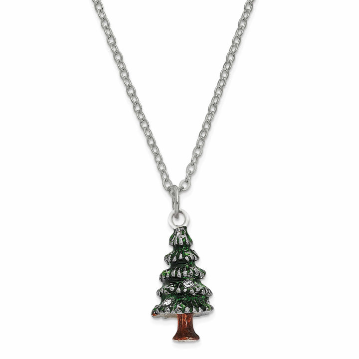Luxury Giftware Pewter Bejeweled Crystals Silver-tone Enameled NOSTALGIA Christmas Tree Trinket Box with Matching 18 Inch Necklace