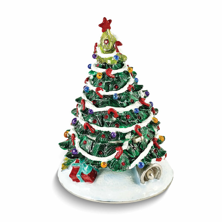 Luxury Giftware Pewter Bejeweled Crystals Silver-tone Enameled NOSTALGIA Christmas Tree Trinket Box with Matching 18 Inch Necklace