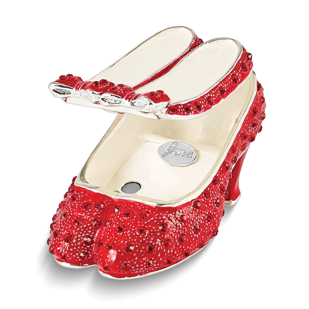 Luxury Giftware Pewter Bejeweled Crystals Silver-tone Enameled SCARLET Red High Heels with Bows Trinket Box with Matching 18 Inch Necklace