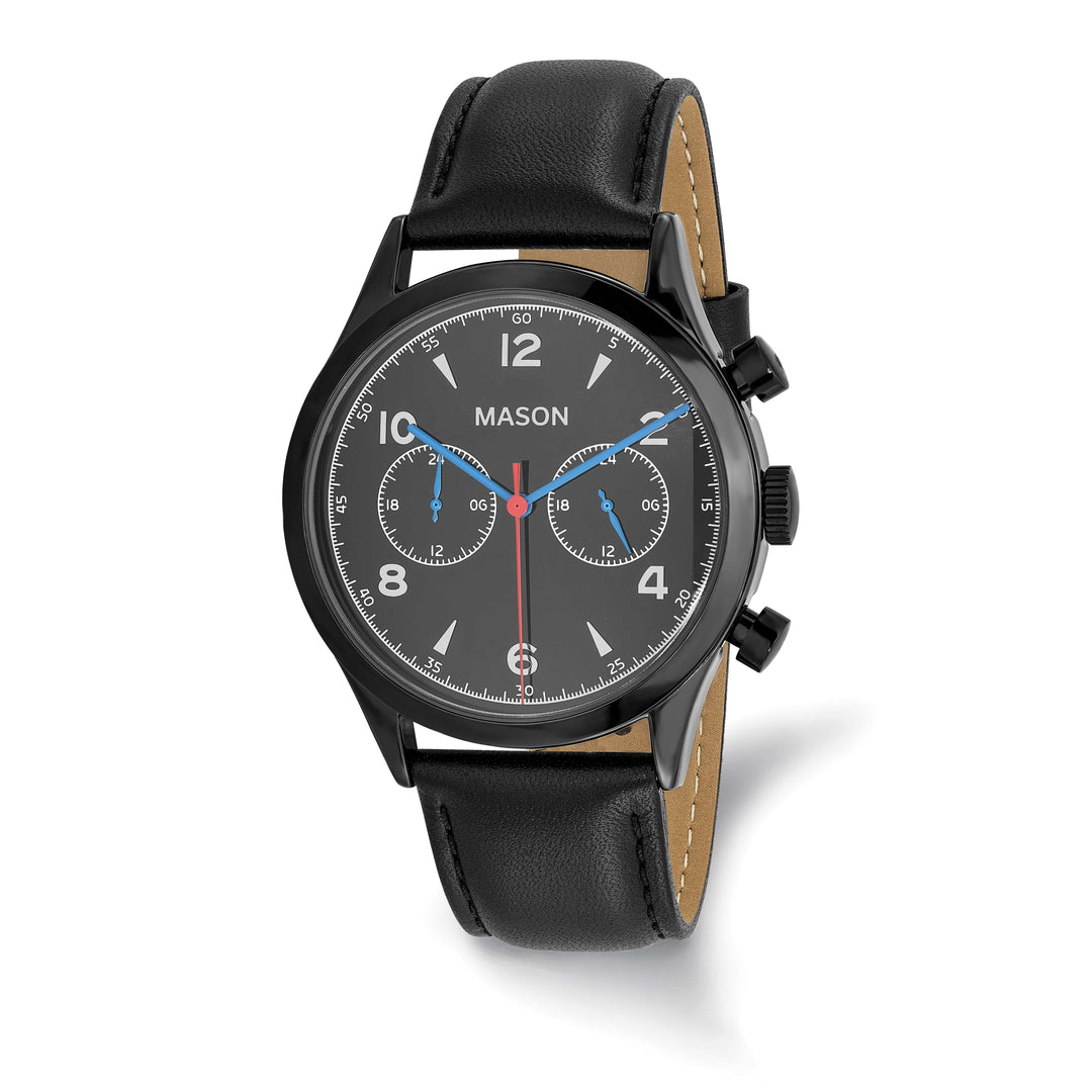 Mason Sales Men's Black IP Chronograph Quartz Leather Band Black Dial