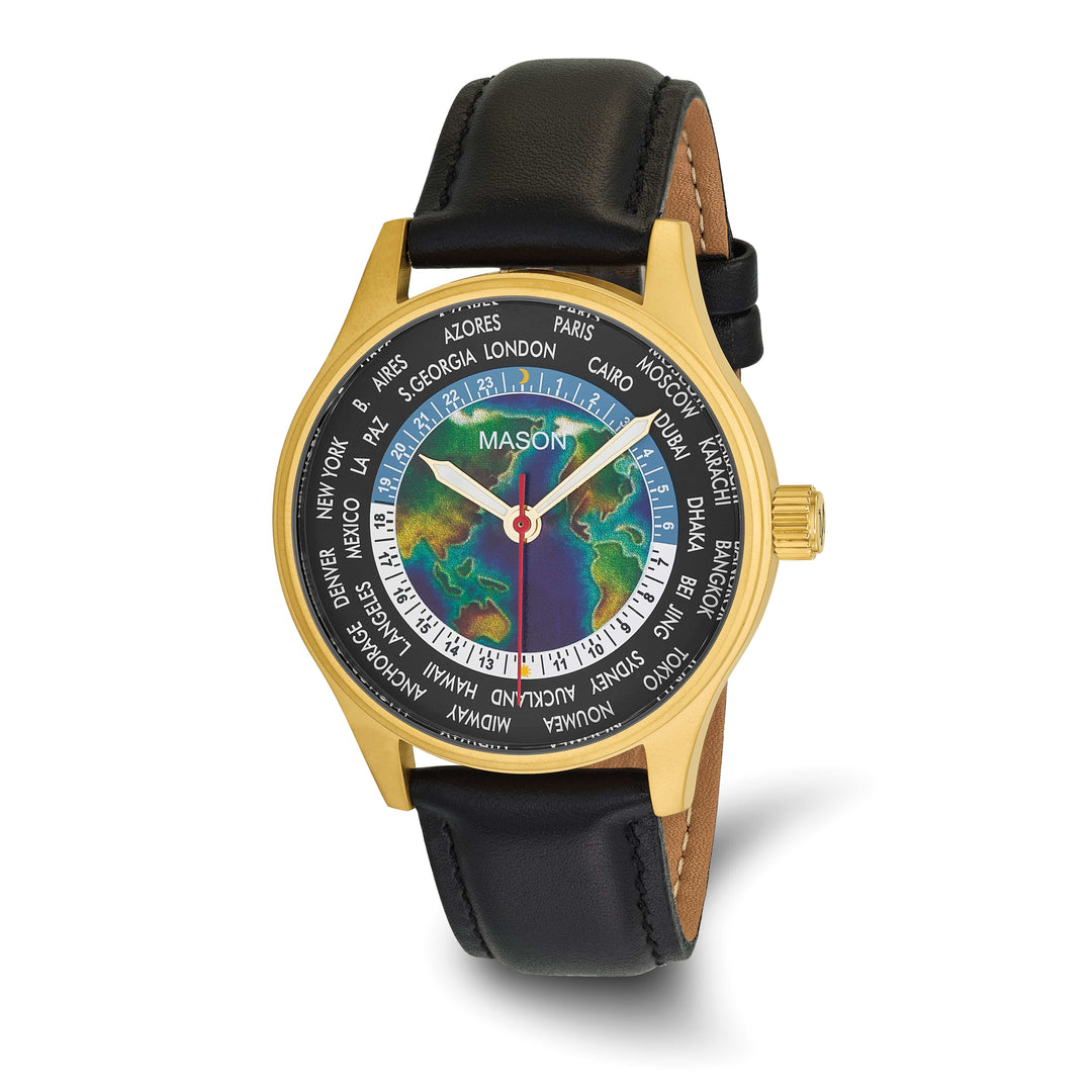 Mason Sales Men's Yellow IP World Map Quartz Leather Band Watch