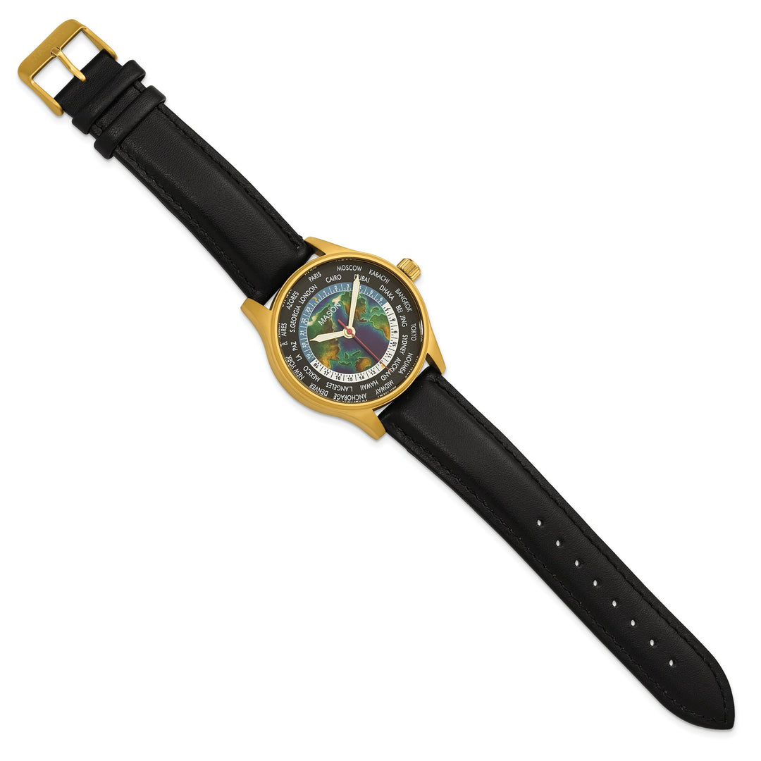 Mason Sales Men's Yellow IP World Map Quartz Leather Band Watch