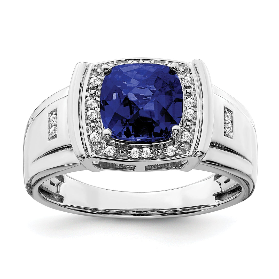Lovely Rita's Men's Gemstones & Diamond Rings 14k White Gold Cushion Created Sapphire and Diamond Mens Ring