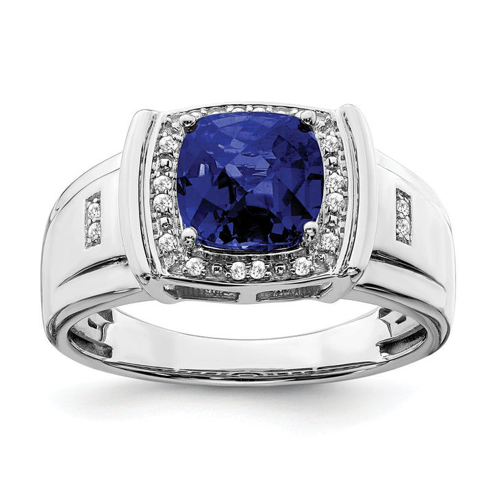 Lovely Rita's Men's Gemstones & Diamond Rings 14k White Gold Cushion Created Sapphire and Diamond Mens Ring