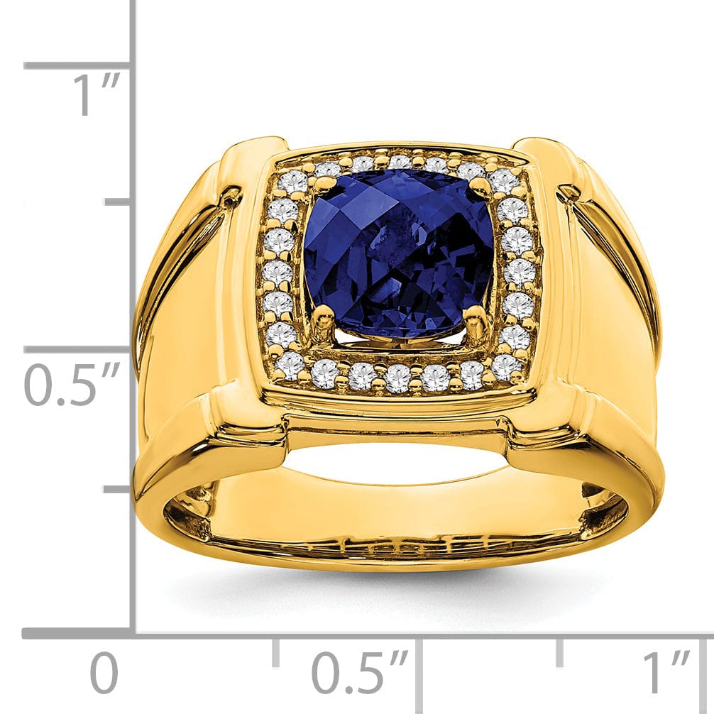Lovely Rita's Men's Gemstones & Diamond Rings 14k Yellow Gold Created Checkerboard Sapphire and Diamond Mens Ring