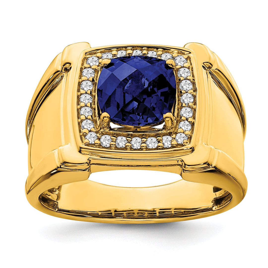 Lovely Rita's Men's Gemstones & Diamond Rings 14k Yellow Gold Created Checkerboard Sapphire and Diamond Mens Ring