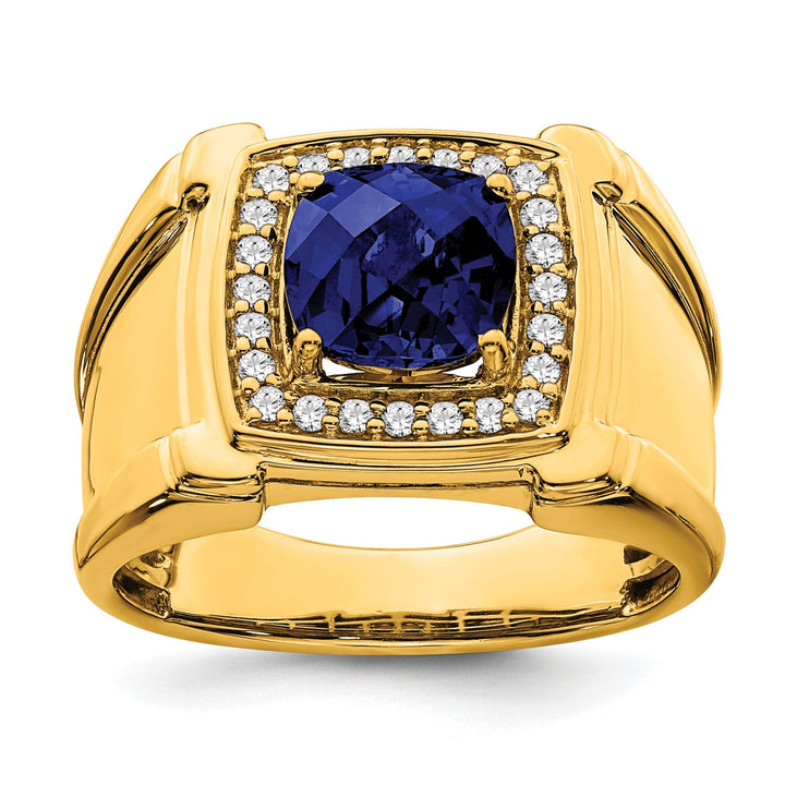Lovely Rita's Men's Gemstones & Diamond Rings 14k Yellow Gold Created Checkerboard Sapphire and Diamond Mens Ring