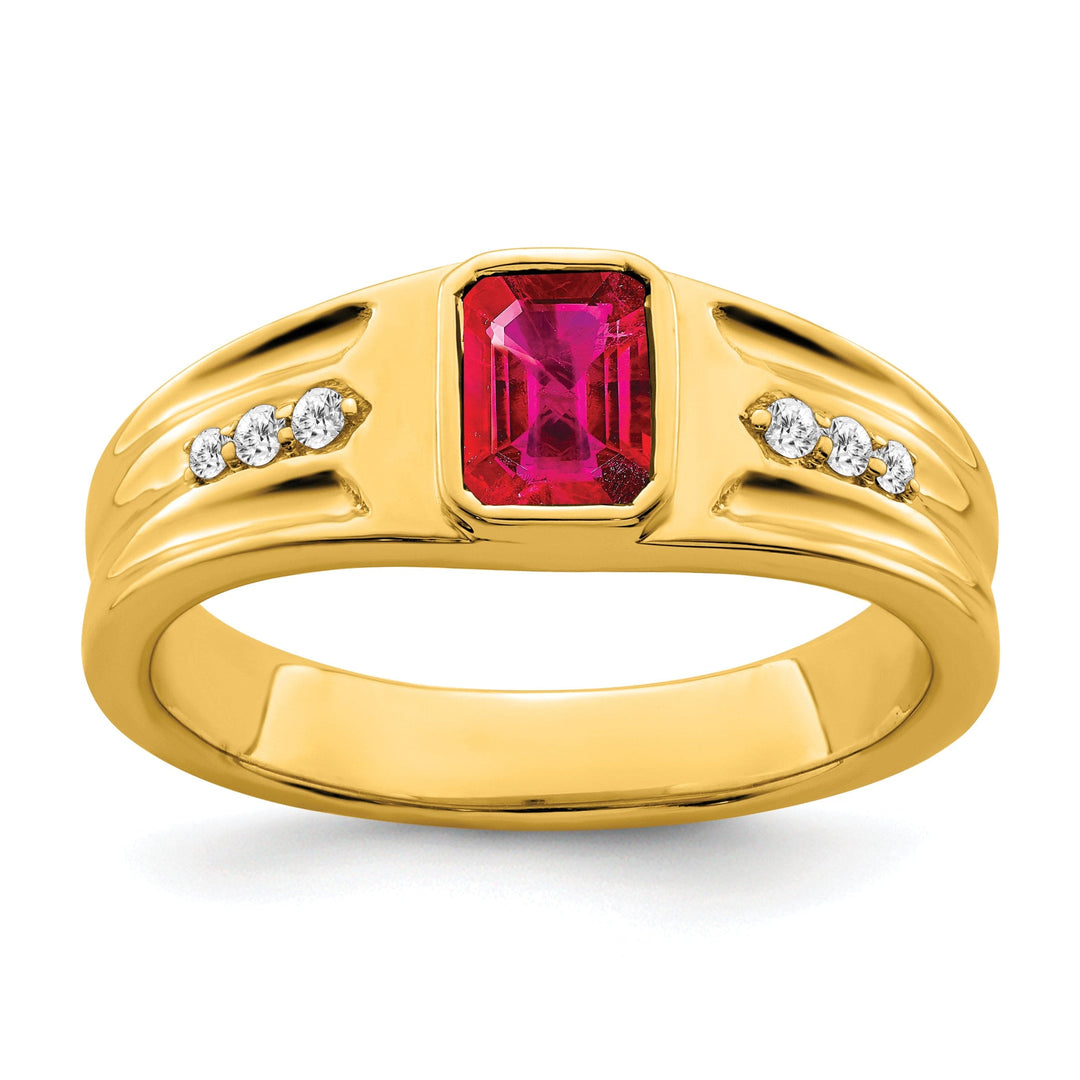 Lovely Rita's Men's Gemstones & Diamond Rings 14k Yellow Gold Created Ruby and Diamond Men's Ring.