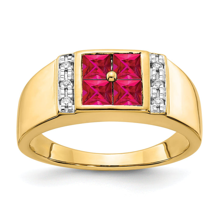 Lovely Rita's Men's Gemstones & Diamond Rings 14k Yellow Gold Created Ruby and Diamond Men's Ring.