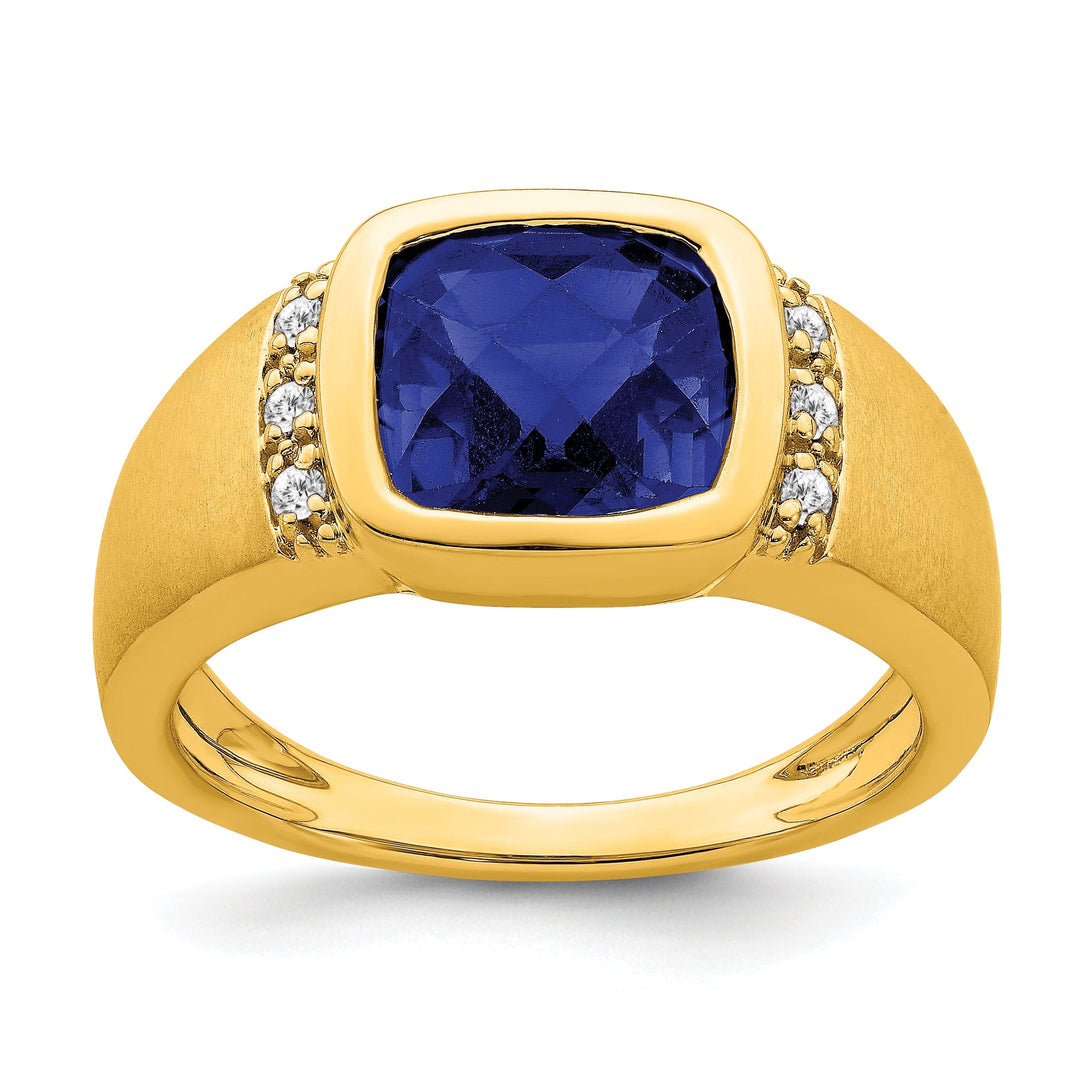 Lovely Rita's Men's Gemstones & Diamond Rings 14k Yellow Gold Created Sapphire Stone Diamond Mens Ring.