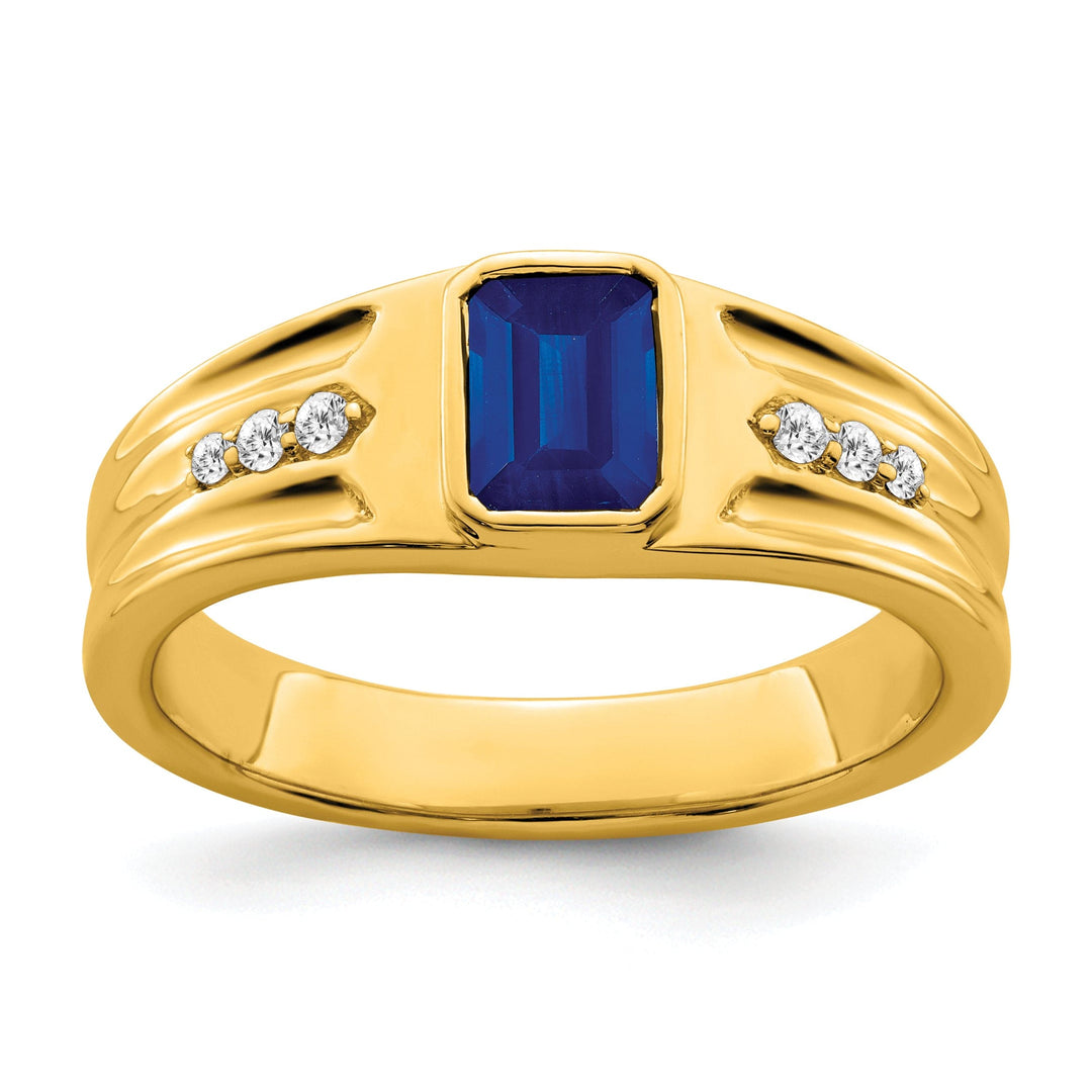 Lovely Rita's Men's Gemstones & Diamond Rings 14k Yellow Gold Created Sapphire Stone Diamond Mens Ring.