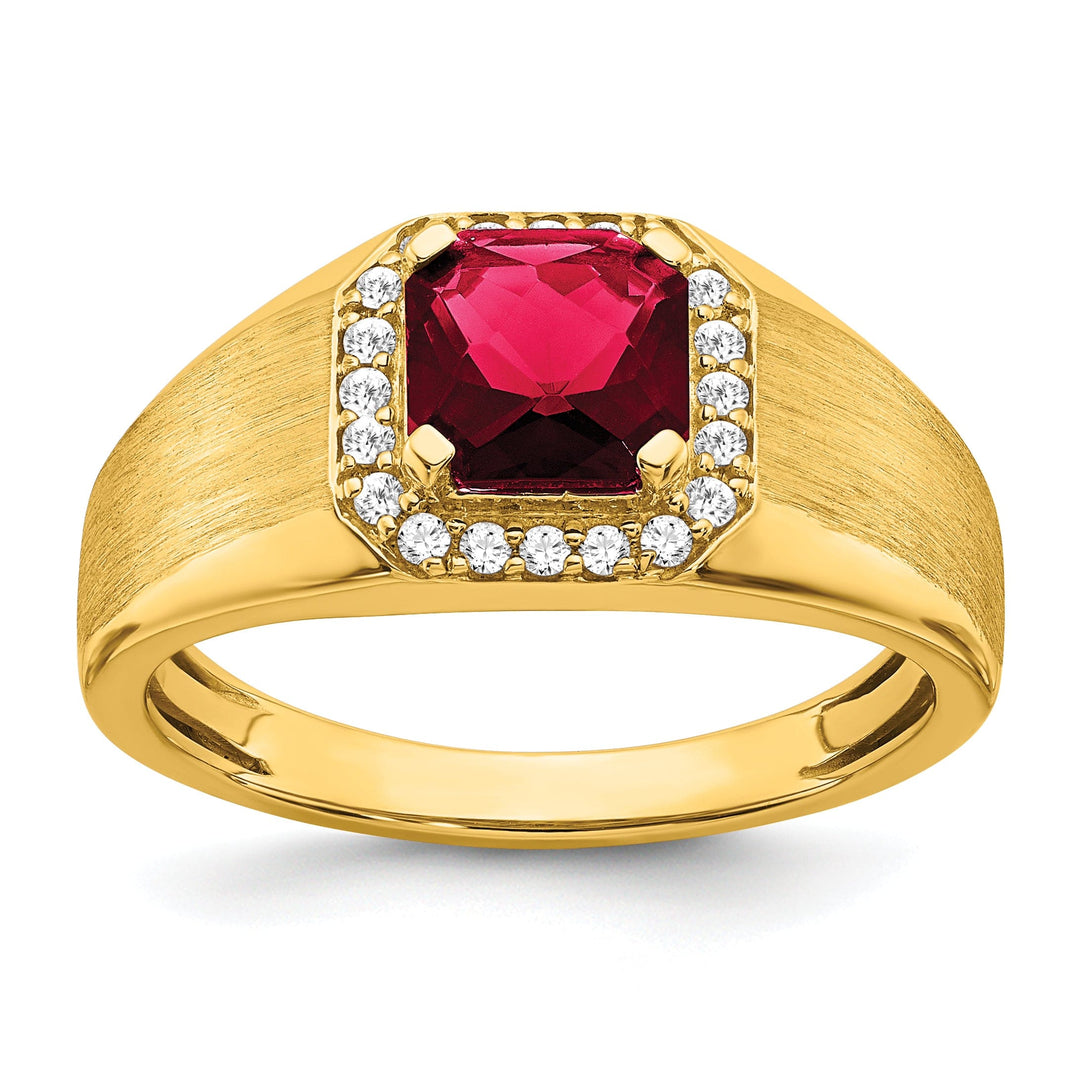 Lovely Rita's Men's Gemstones & Diamond Rings 14k Yellow Gold Cushion Created Ruby and Diamond Mens Ring
