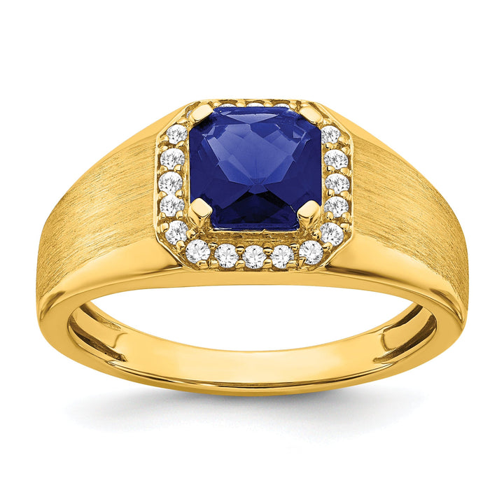Lovely Rita's Men's Gemstones & Diamond Rings 14k Yellow Gold Cushion Created Sapphire and Diamond Mens Ring