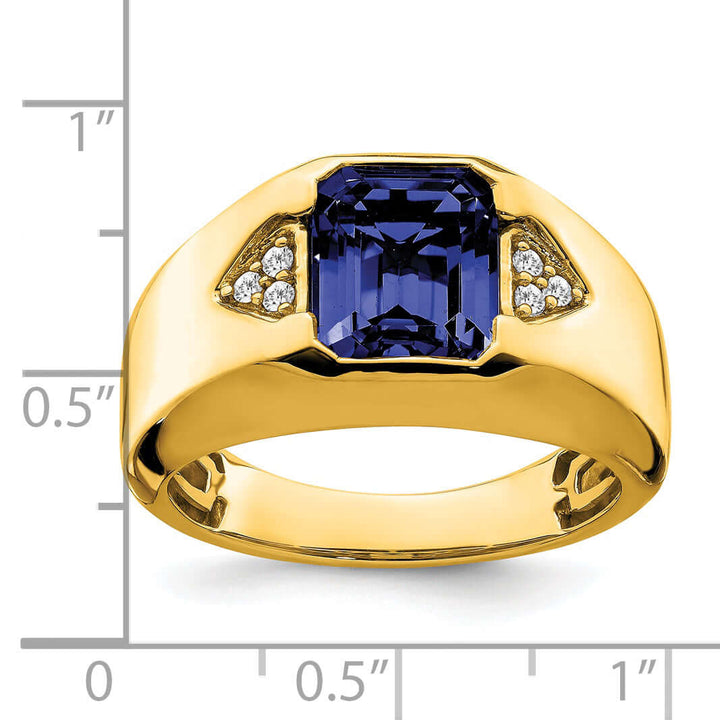 Lovely Rita's Men's Gemstones & Diamond Rings 14k Yellow Gold Emerald Cut Sapphire Stone and Diamond Men's Ring.
