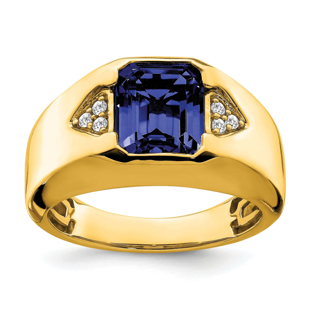 Lovely Rita's Men's Gemstones & Diamond Rings 14k Yellow Gold Emerald Cut Sapphire Stone and Diamond Men's Ring.