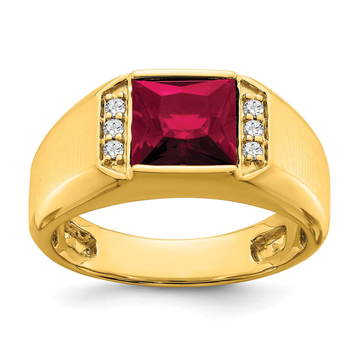 Lovely Rita's Men's Gemstones & Diamond Rings 14k Yellow Gold Square Created Ruby and Diamond Mens Ring