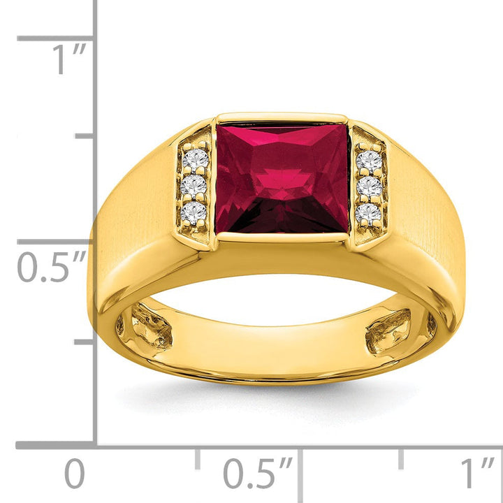 Lovely Rita's Men's Gemstones & Diamond Rings 14k Yellow Gold Square Created Ruby and Diamond Mens Ring