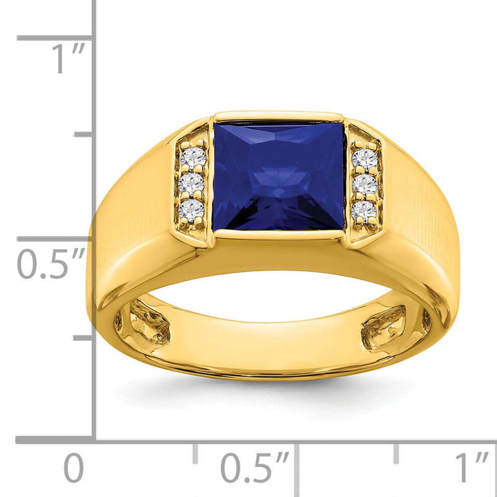 Lovely Rita's Men's Gemstones & Diamond Rings 14k Yellow Gold Square Created Sapphire and Diamond Mens Ring